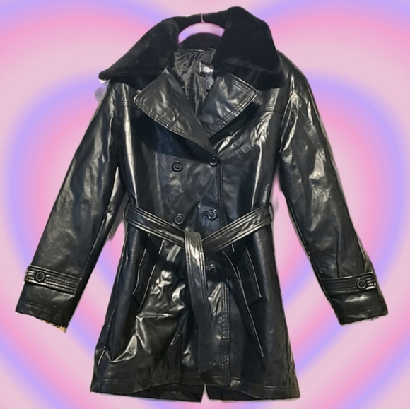 VINTAGE! y2k Black Faux Fur Collar Coat - Picture 1 of 16
